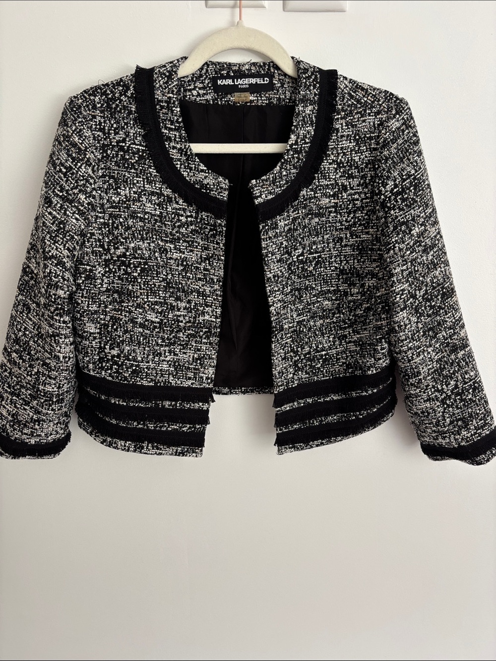 Karl Lagerfeld Black and White Tweed Cropped Blazer